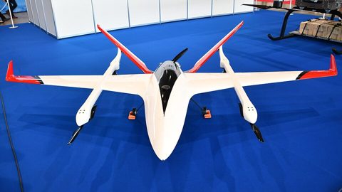 Mitsubishi Fixed-wing VTOL UAV front view at JASDF Gifu Air Base November 17, 2024.jpg