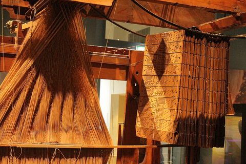 A Jacquard loom showing information punchcards, National Museum of Scotland.jpg