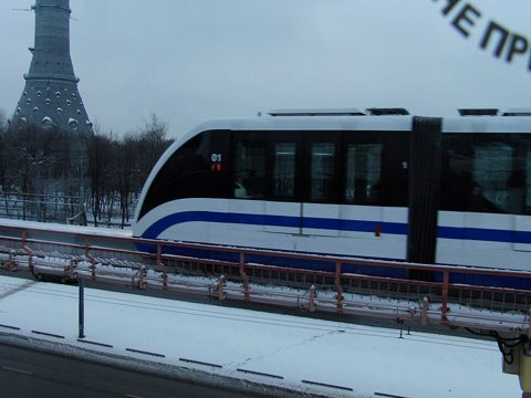 Moscow Monorail - EPS-01 car 01 and Ostankino Tower.jpg