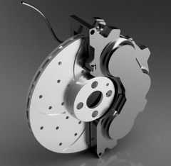 Brake Caliper: Hydraulic clamp straddling the brake disc that presses the pads against it when the brake is applied