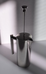 French Press: Glass carafe coffee maker with a mesh plunger that filters grounds