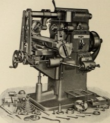 Knee-Type Milling Machine: Manual vertical mill with a vertically adjustable knee supporting the worktable