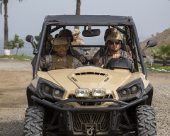 Utility Task Vehicle: Off-road buggy with side-by-side seats, a roll cage, and cargo bed